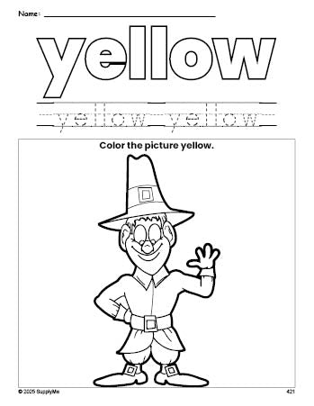 Free Thanksgiving pilgrim color yellow coloring page and color worksheet, yellow worksheet for preschoolers to learn colors, printable PDF