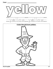 Free Thanksgiving pilgrim color yellow coloring page and color worksheet, yellow worksheet for preschoolers to learn colors, printable PDF