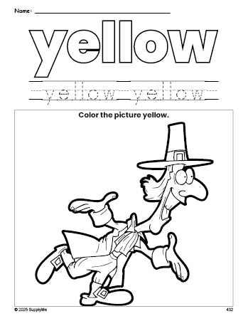 Free Thanksgiving pilgrim color yellow coloring page and color worksheet, yellow worksheet for preschoolers to learn colors, printable PDF