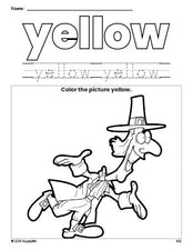 Free Thanksgiving pilgrim color yellow coloring page and color worksheet, yellow worksheet for preschoolers to learn colors, printable PDF