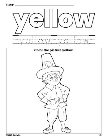 Free Thanksgiving pilgrim color yellow coloring page and color worksheet, yellow worksheet for preschoolers to learn colors, printable PDF