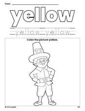 Free Thanksgiving pilgrim color yellow coloring page and color worksheet, yellow worksheet for preschoolers to learn colors, printable PDF