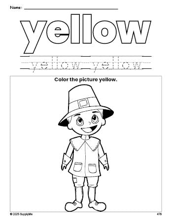 Free Thanksgiving pilgrim color yellow coloring page and color worksheet, yellow worksheet for preschoolers to learn colors, printable PDF