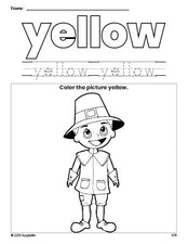 Free Thanksgiving pilgrim color yellow coloring page and color worksheet, yellow worksheet for preschoolers to learn colors, printable PDF