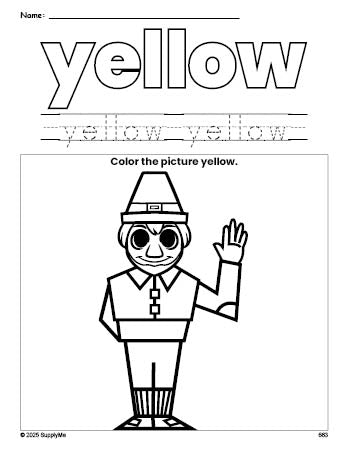 Free Thanksgiving pilgrim color yellow coloring page and color worksheet, yellow worksheet for preschoolers to learn colors, printable PDF