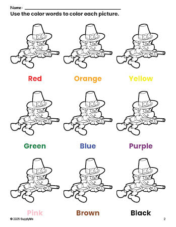 Free Thanksgiving pilgrim coloring page and color worksheet for preschoolers to learn colors, printable PDF