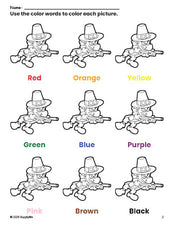 Free Thanksgiving pilgrim coloring page and color worksheet for preschoolers to learn colors, printable PDF