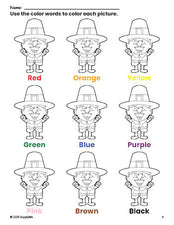 Free Thanksgiving pilgrim coloring page and color worksheet for preschoolers to learn colors, printable PDF