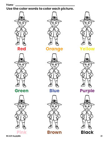 Free Thanksgiving pilgrim coloring page and color worksheet for preschoolers to learn colors, printable PDF