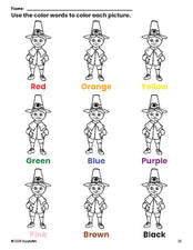 Free Thanksgiving pilgrim coloring page and color worksheet for preschoolers to learn colors, printable PDF