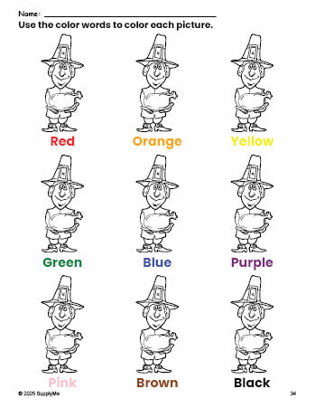 Free Thanksgiving pilgrim coloring page and color worksheet for preschoolers to learn colors, printable PDF