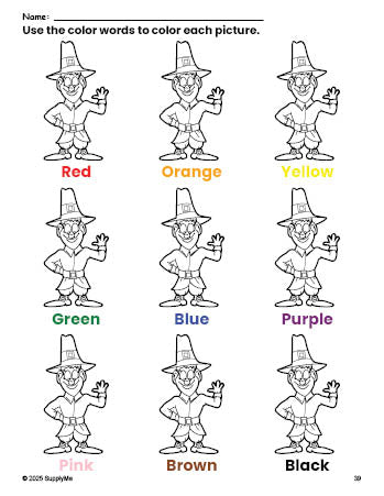 Free Thanksgiving pilgrim coloring page and color worksheet for preschoolers to learn colors, printable PDF