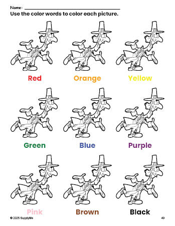 Free Thanksgiving pilgrim coloring page and color worksheet for preschoolers to learn colors, printable PDF