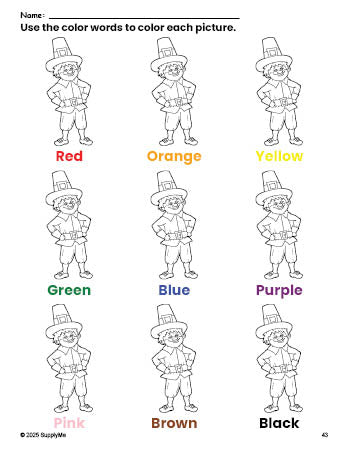 Free Thanksgiving pilgrim coloring page and color worksheet for preschoolers to learn colors, printable PDF