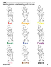 Free Thanksgiving pilgrim coloring page and color worksheet for preschoolers to learn colors, printable PDF