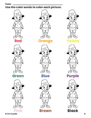 Free Thanksgiving pilgrim coloring page and color worksheet for preschoolers to learn colors, printable PDF