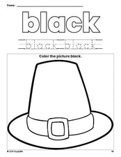 Free Thanksgiving pilgrim hat color black coloring page and color worksheet, black worksheet for preschoolers to learn colors, printable PDF