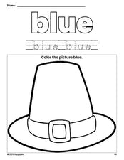 Free Thanksgiving pilgrim hat color blue coloring page and color worksheet, blue worksheet for preschoolers to learn colors, printable PDF