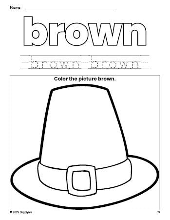 Free Thanksgiving pilgrim hat color brown coloring page and color worksheet, brown worksheet for preschoolers to learn colors, printable PDF