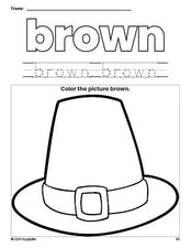 Free Thanksgiving pilgrim hat color brown coloring page and color worksheet, brown worksheet for preschoolers to learn colors, printable PDF