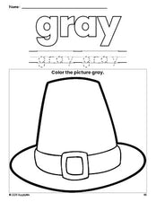 Free Thanksgiving pilgrim hat color gray coloring page and color worksheet, gray worksheet for preschoolers to learn colors, printable PDF