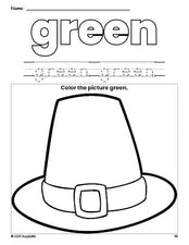 Free Thanksgiving pilgrim hat color green coloring page and color worksheet, green worksheet for preschoolers to learn colors, printable PDF