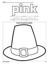 Free Thanksgiving pilgrim hat color pink coloring page and color worksheet, pink worksheet for preschoolers to learn colors, printable PDF