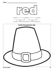 Free Thanksgiving pilgrim hat color red coloring page and color worksheet, red worksheet for preschoolers to learn colors, printable PDF