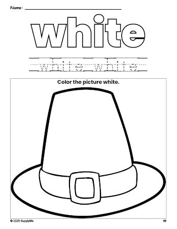 Free Thanksgiving pilgrim hat color white coloring page and color worksheet, white worksheet for preschoolers to learn colors, printable PDF