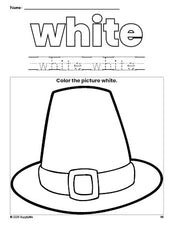 Free Thanksgiving pilgrim hat color white coloring page and color worksheet, white worksheet for preschoolers to learn colors, printable PDF