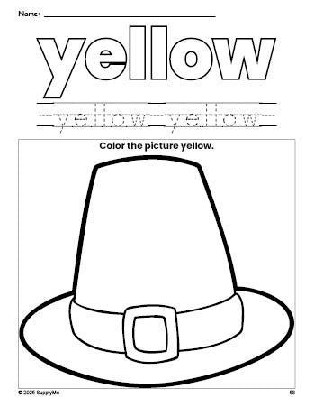 Free Thanksgiving pilgrim hat color yellow coloring page and color worksheet, yellow worksheet for preschoolers to learn colors, printable PDF