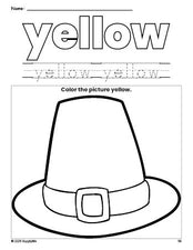 Free Thanksgiving pilgrim hat color yellow coloring page and color worksheet, yellow worksheet for preschoolers to learn colors, printable PDF