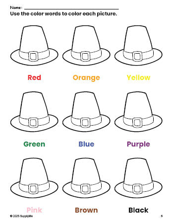 Free Thanksgiving pilgrim hat coloring page and color worksheet for preschoolers to learn colors, printable PDF