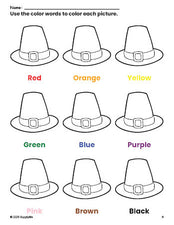 Free Thanksgiving pilgrim hat coloring page and color worksheet for preschoolers to learn colors, printable PDF