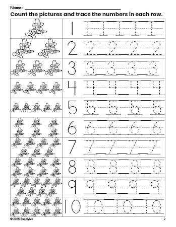 Free printable Thanksgiving pilgrim counting worksheet for preschool and pre-k with number tracing practice 1-10, PDF