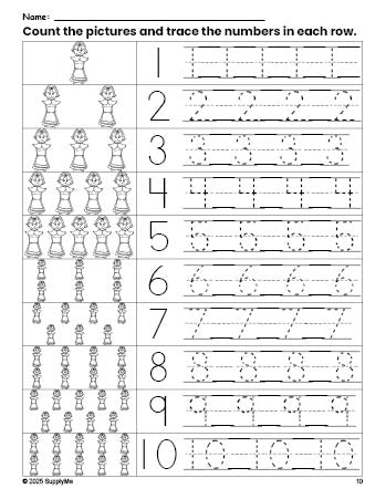 Free printable Thanksgiving pilgrim counting worksheet for preschool and pre-k with number tracing practice 1-10, PDF