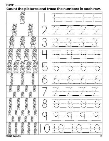 Free printable Thanksgiving pilgrim counting worksheet for preschool and pre-k with number tracing practice 1-10, PDF