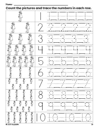 Free printable Thanksgiving pilgrim counting worksheet for preschool and pre-k with number tracing practice 1-10, PDF