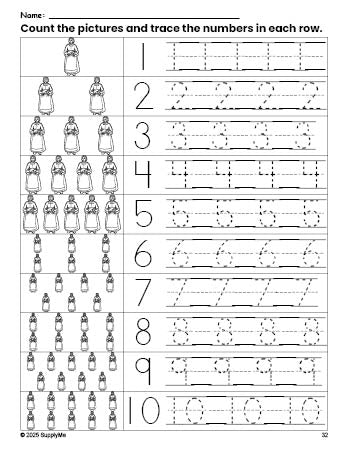 Free printable Thanksgiving pilgrim counting worksheet for preschool and pre-k with number tracing practice 1-10, PDF