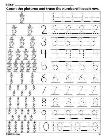 Free printable Thanksgiving pilgrim counting worksheet for preschool and pre-k with number tracing practice 1-10, PDF