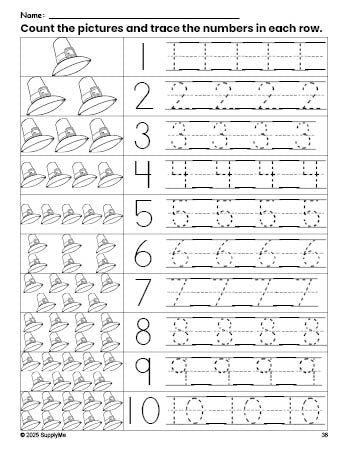 Free printable Thanksgiving pilgrim counting worksheet for preschool and pre-k with number tracing practice 1-10, PDF