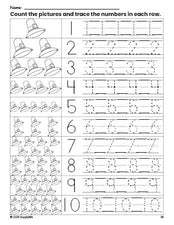 Free printable Thanksgiving pilgrim counting worksheet for preschool and pre-k with number tracing practice 1-10, PDF