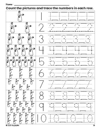 Free printable Thanksgiving pilgrim counting worksheet for preschool and pre-k with number tracing practice 1-10, PDF