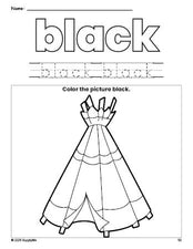 Free Thanksgiving teepee color black coloring page and color worksheet, black worksheet for preschoolers to learn colors, printable PDF