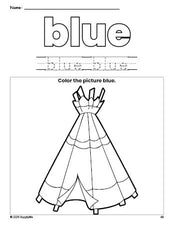 Free Thanksgiving teepee color blue coloring page and color worksheet, blue worksheet for preschoolers to learn colors, printable PDF