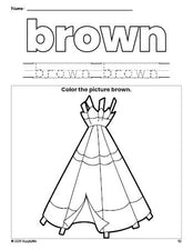 Free Thanksgiving teepee color brown coloring page and color worksheet, brown worksheet for preschoolers to learn colors, printable PDF