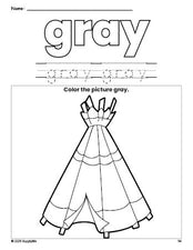 Free Thanksgiving teepee color gray coloring page and color worksheet, gray worksheet for preschoolers to learn colors, printable PDF