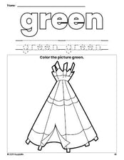 Free Thanksgiving teepee color green coloring page and color worksheet, green worksheet for preschoolers to learn colors, printable PDF