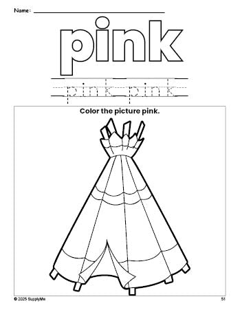 Free Thanksgiving teepee color pink coloring page and color worksheet, pink worksheet for preschoolers to learn colors, printable PDF