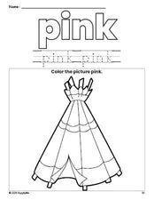 Free Thanksgiving teepee color pink coloring page and color worksheet, pink worksheet for preschoolers to learn colors, printable PDF